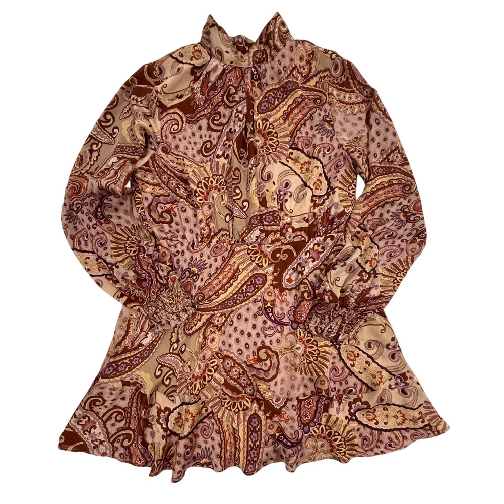 Fate Paisley Print Mini Dress Long Sleeve Tie Neck Ruffle Hem Beige Purple L 283